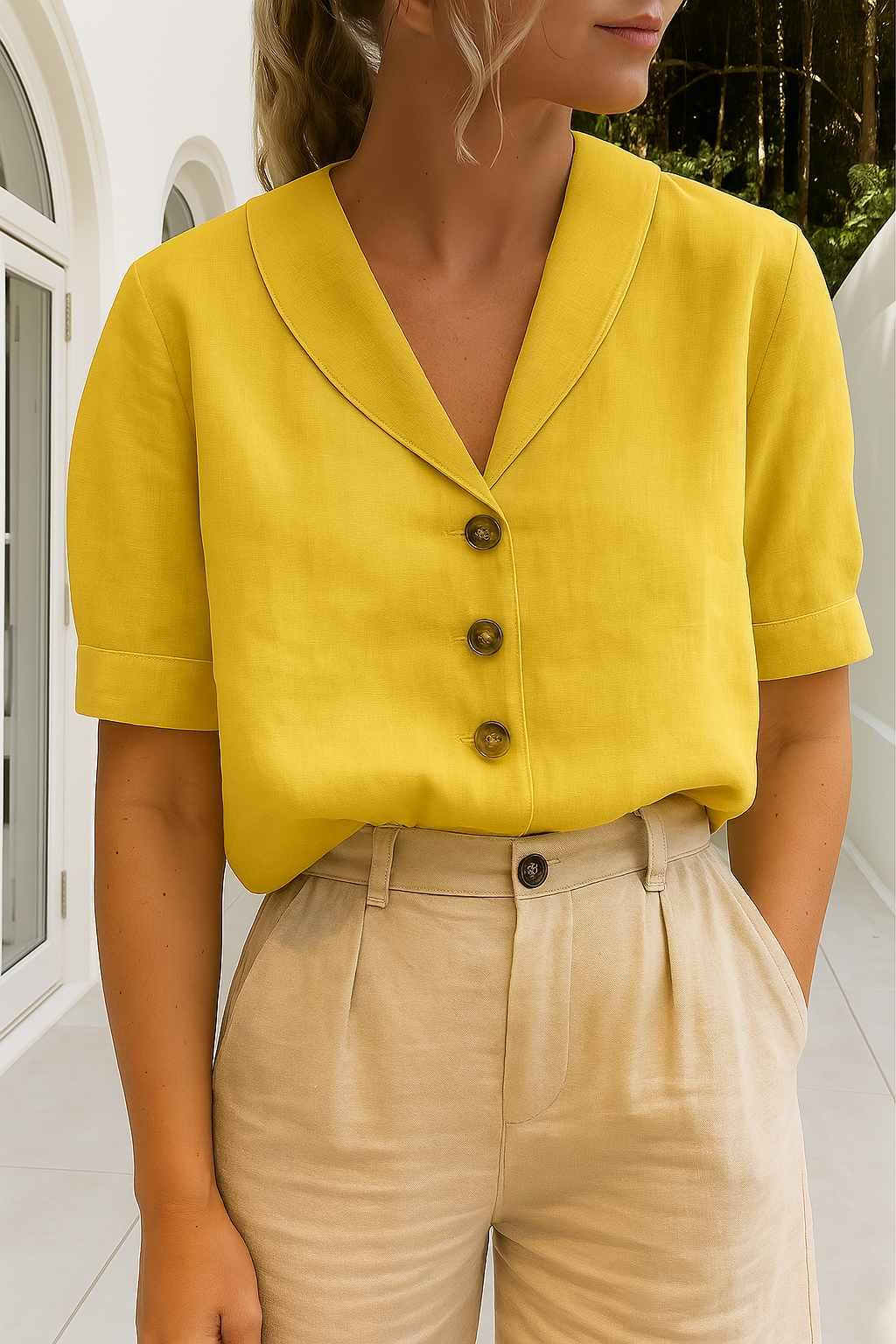 Linnen Top | Korte Mouw | Losse Pasvorm | Blouse | Linnen T-Shirts Vrouwen-Boetiek Moda