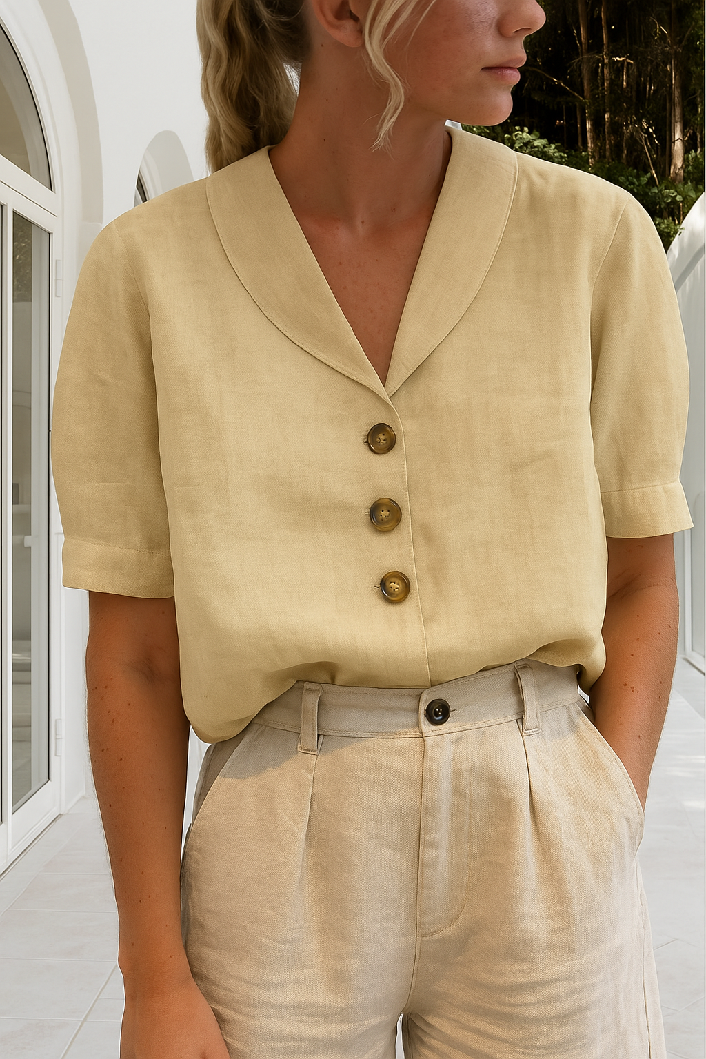 Linnen Top | Korte Mouw | Losse Pasvorm | Blouse | Linnen T-Shirts Vrouwen-Boetiek Moda