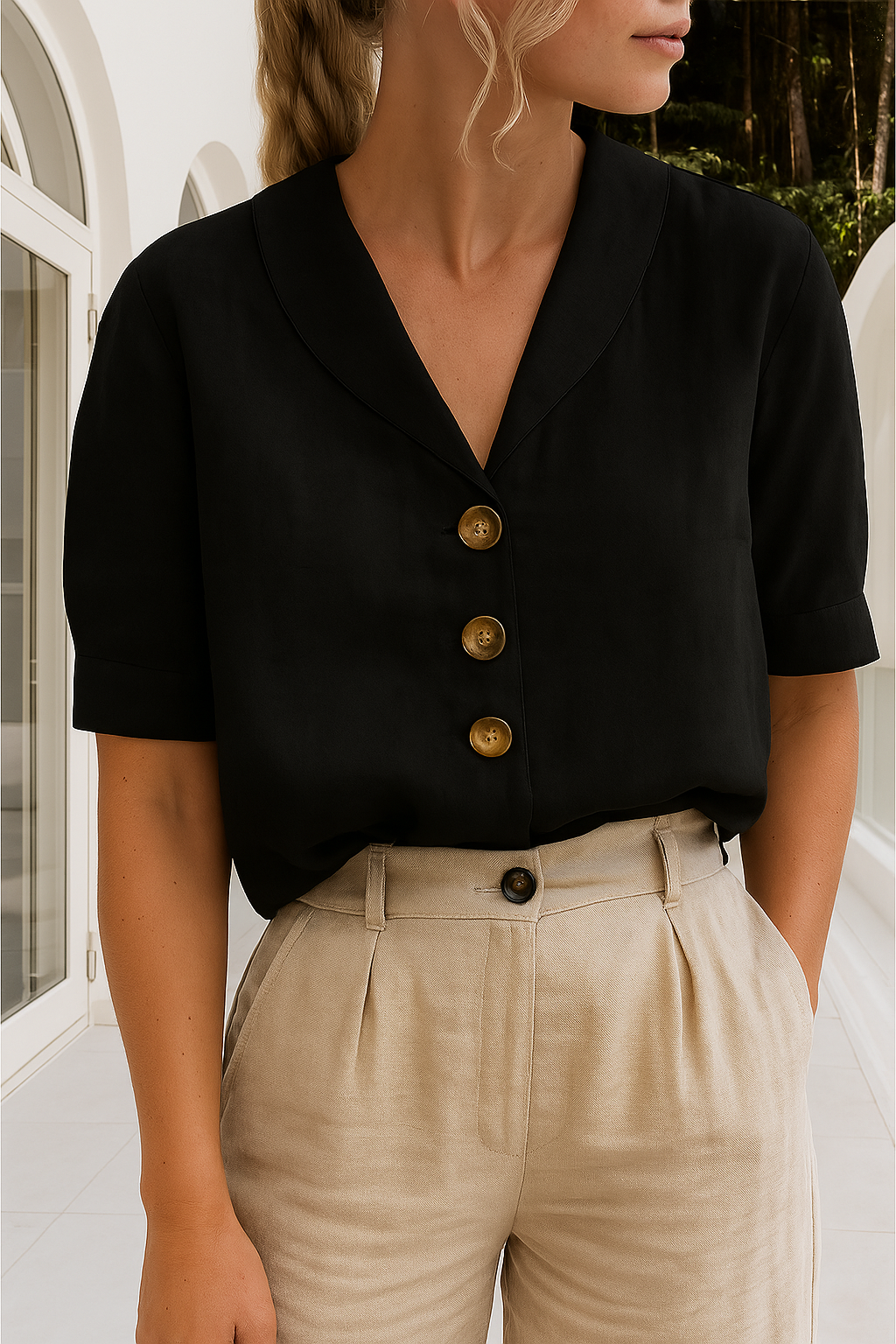 Linnen blouse | Korte mouwen | Kraag | Linnen top | Damesblouse-Boetiek Moda