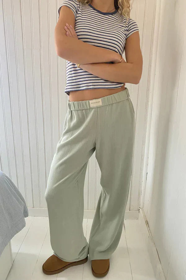 Linnen broek - Casual - Lage taille - Wijde pijpen - Damesbroek-Boetiek Moda
