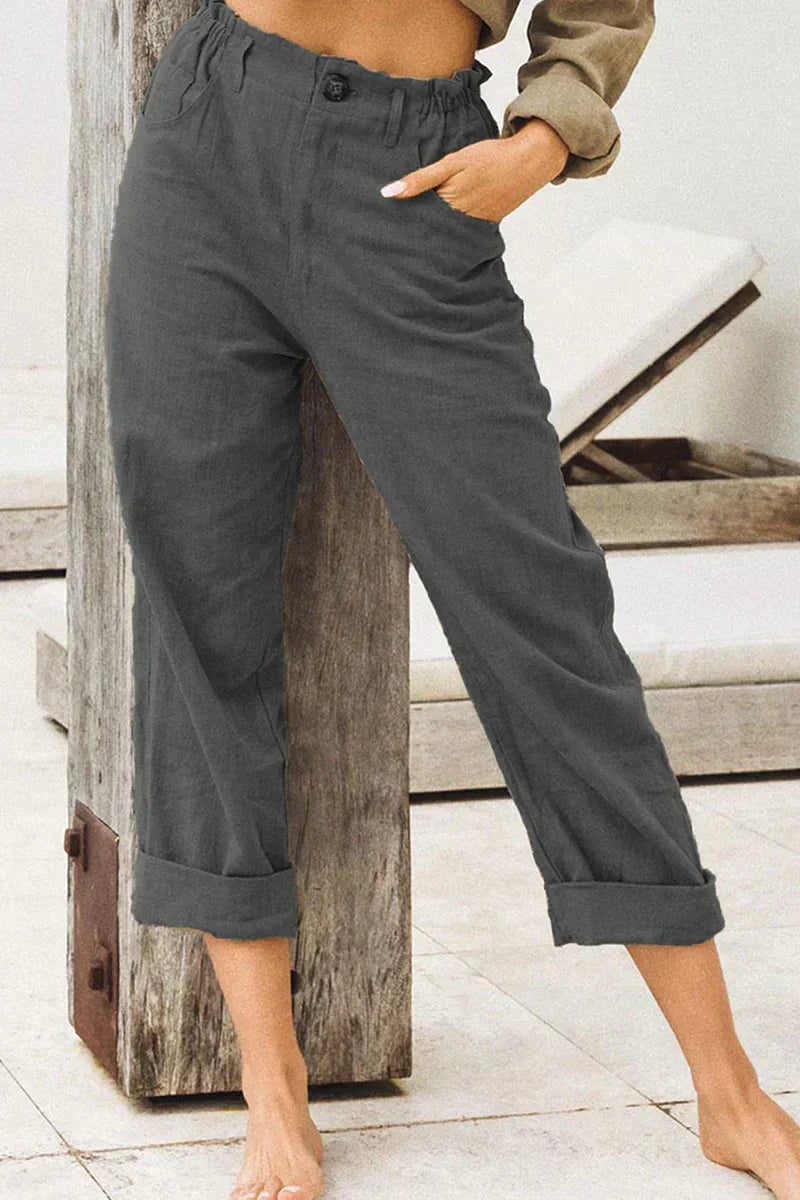 Linnen broek - Damesbroek met elastische tailleband van katoen voor de zomer-Boetiek Moda