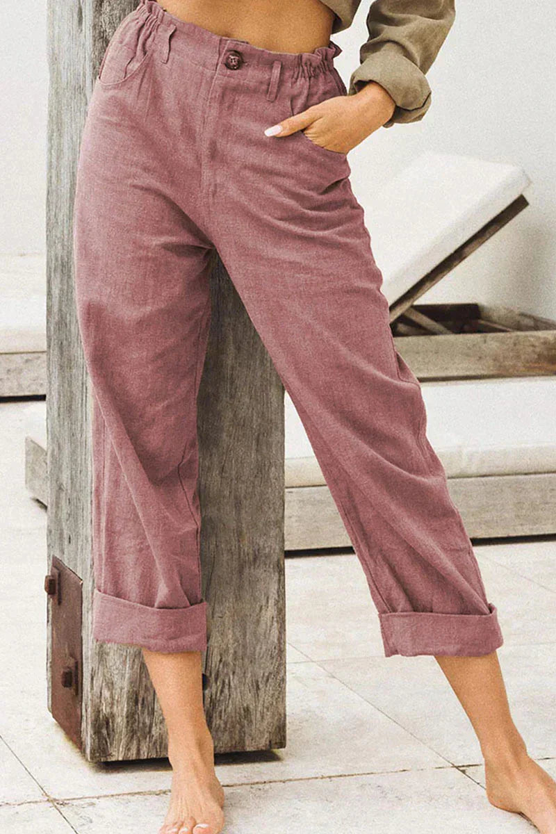 Linnen broek - Damesbroek met elastische tailleband van katoen voor de zomer-Boetiek Moda