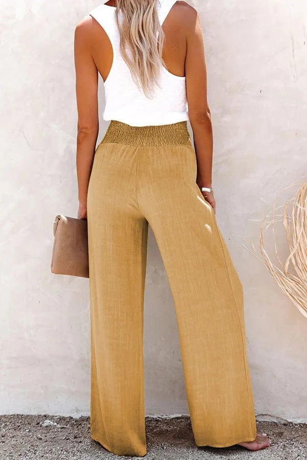Linnen broek - Elastische taille - Hoge taille - Broek met wijde pijpen - Damesbroek-Boetiek Moda