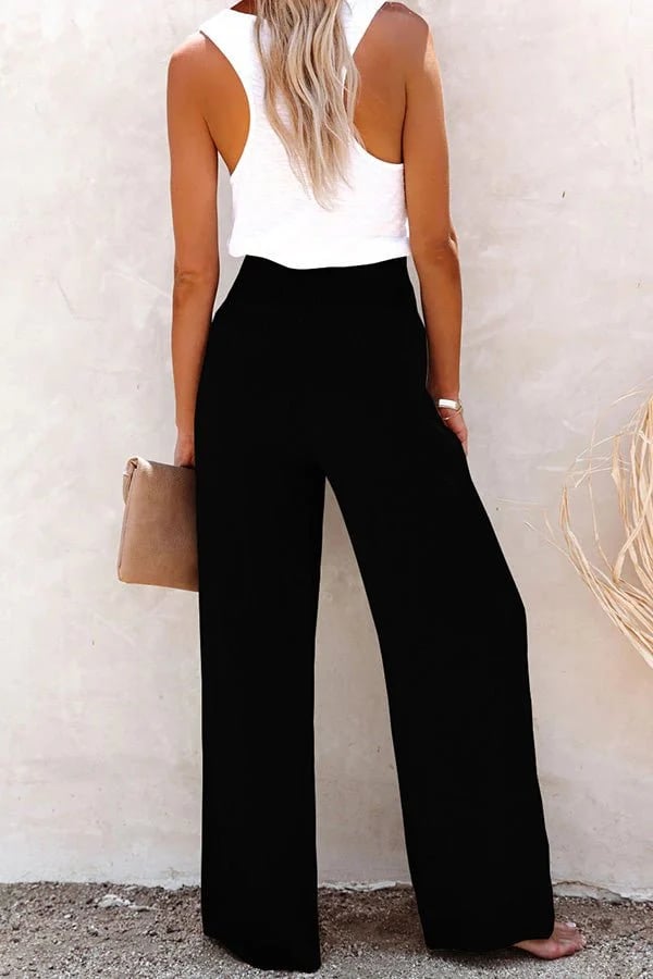 Linnen broek - Elastische taille - Hoge taille - Broek met wijde pijpen - Damesbroek-Boetiek Moda