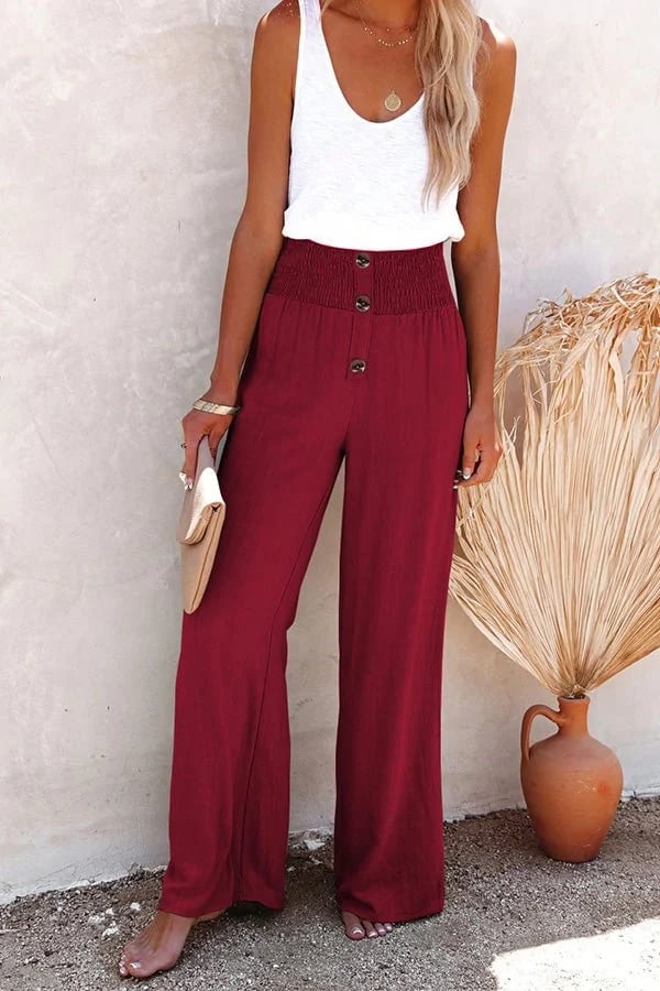 Linnen broek - Elastische taille - Hoge taille - Broek met wijde pijpen - Damesbroek-Boetiek Moda