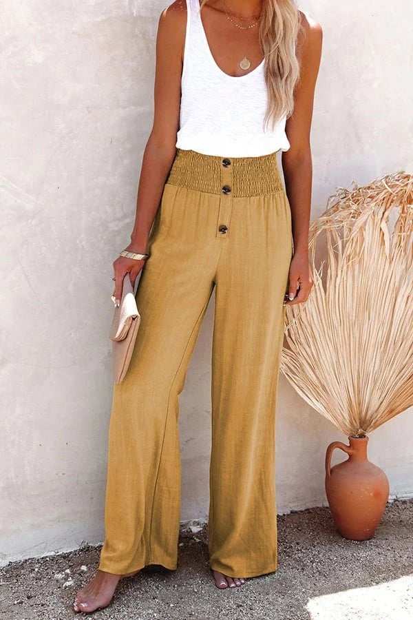 Linnen broek - Elastische taille - Hoge taille - Broek met wijde pijpen - Damesbroek-Boetiek Moda