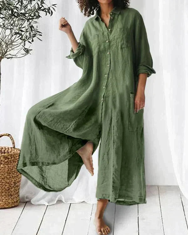 Linnen jumpsuit - Lange mouwen - Los model - Jumpsuit met wijde pijpen - Dameskleding-Boetiek Moda