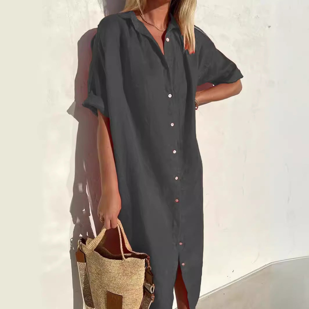Linnen jurk | Knoopsluiting | Korte mouwen | Overhemdjurk | Zomerjurk-Boetiek Moda