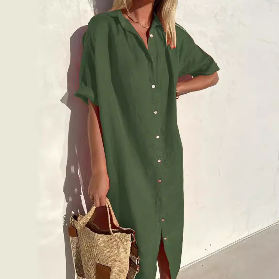 Linnen jurk | Knoopsluiting | Korte mouwen | Overhemdjurk | Zomerjurk-Boetiek Moda