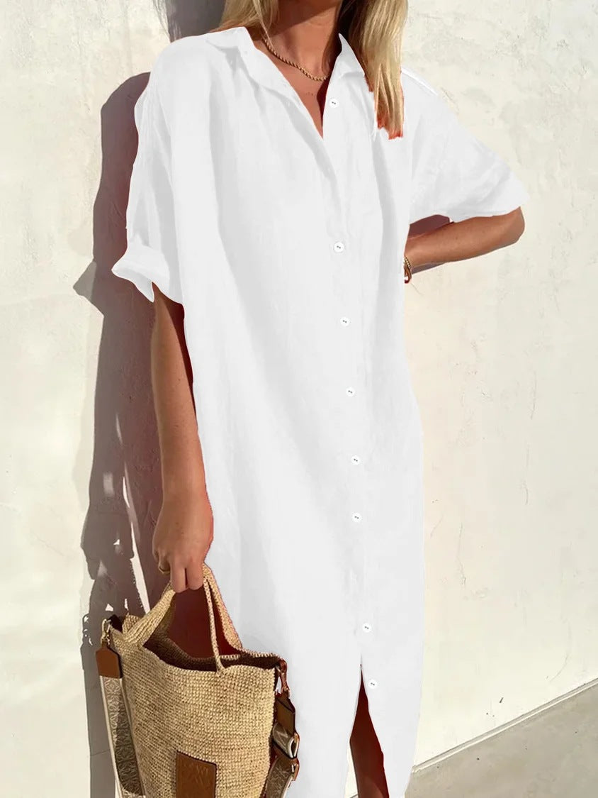 Linnen jurk | Knoopsluiting | Korte mouwen | Overhemdjurk | Zomerjurk-Boetiek Moda