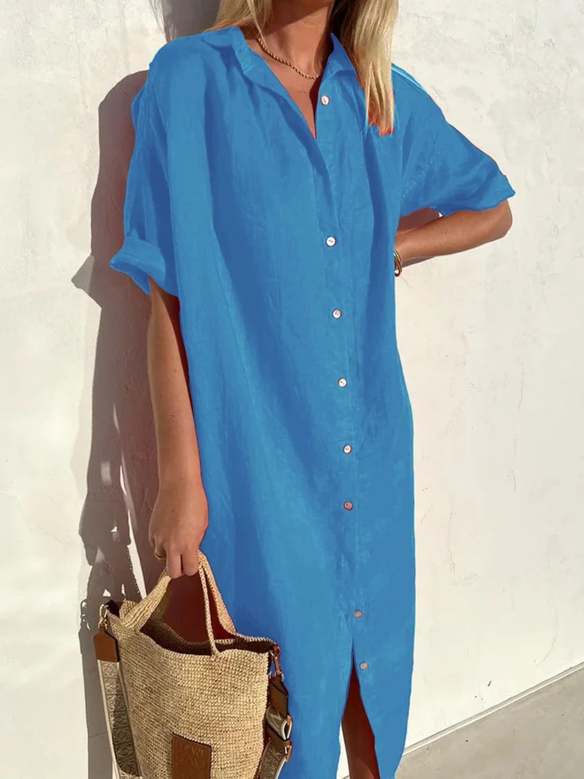 Linnen jurk | Knoopsluiting | Korte mouwen | Overhemdjurk | Zomerjurk-Boetiek Moda