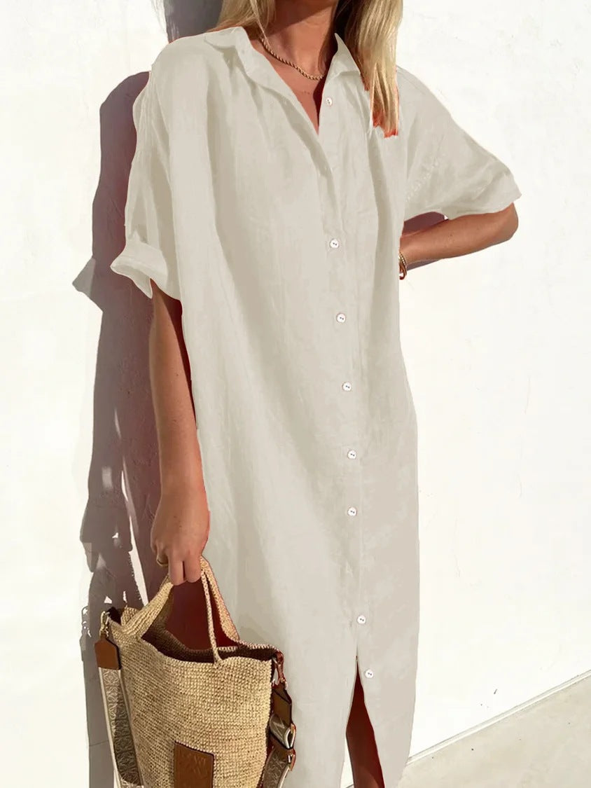 Linnen jurk | Knoopsluiting | Korte mouwen | Overhemdjurk | Zomerjurk-Boetiek Moda
