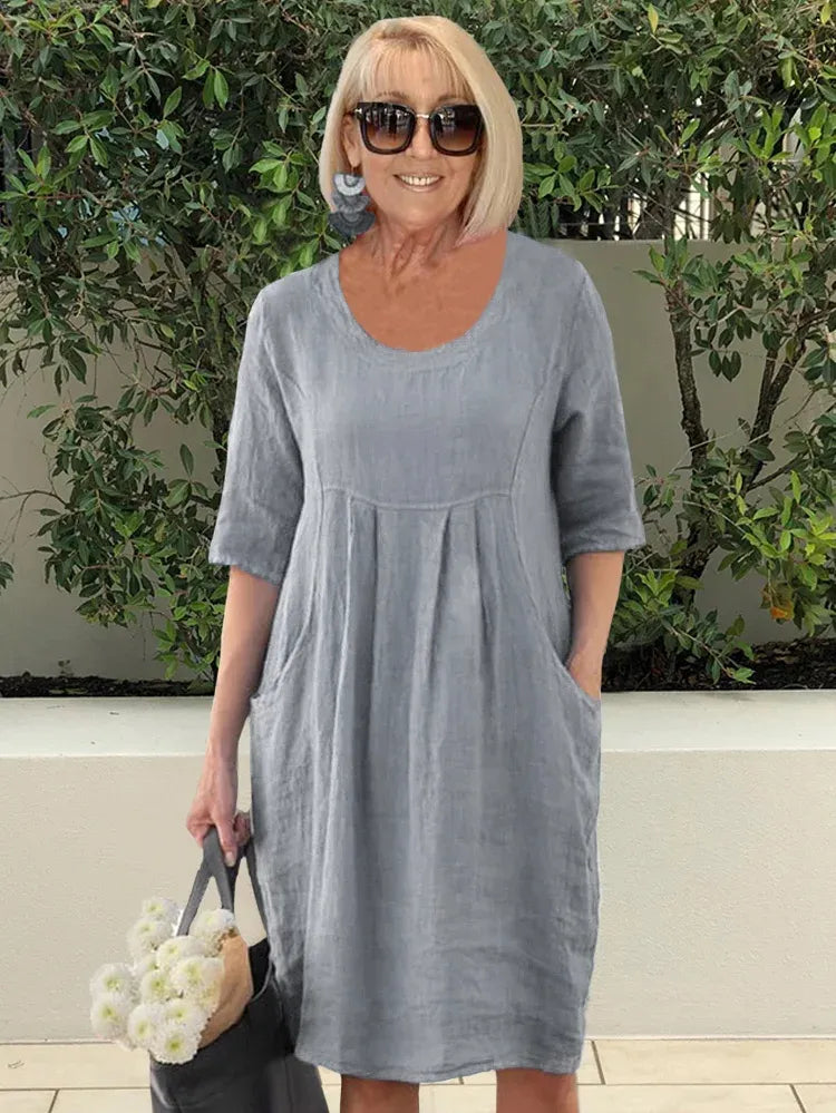 Linnen jurk | Losse pasvorm | Halve mouwen | Casual jurk | Zomerjurk-Boetiek Moda