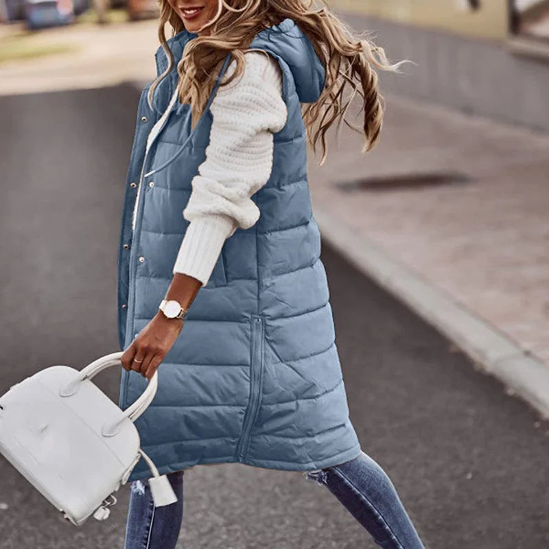 Longline Gilet | Mouwloos | Capuchon | Puffer Vest | Damesvest-Boetiek Moda
