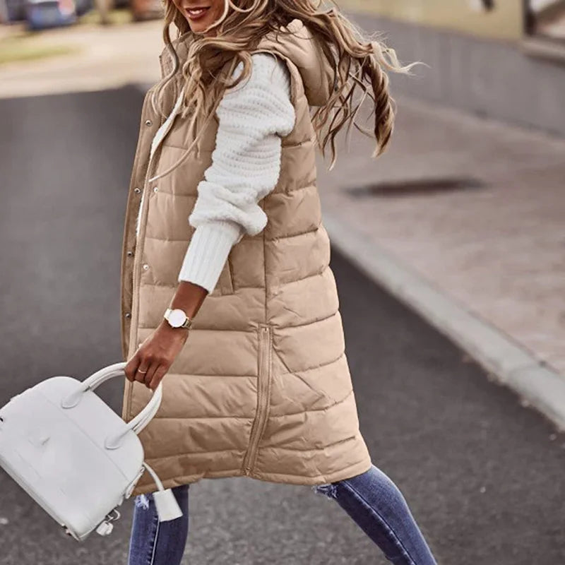 Longline Gilet | Mouwloos | Capuchon | Puffer Vest | Damesvest-Boetiek Moda