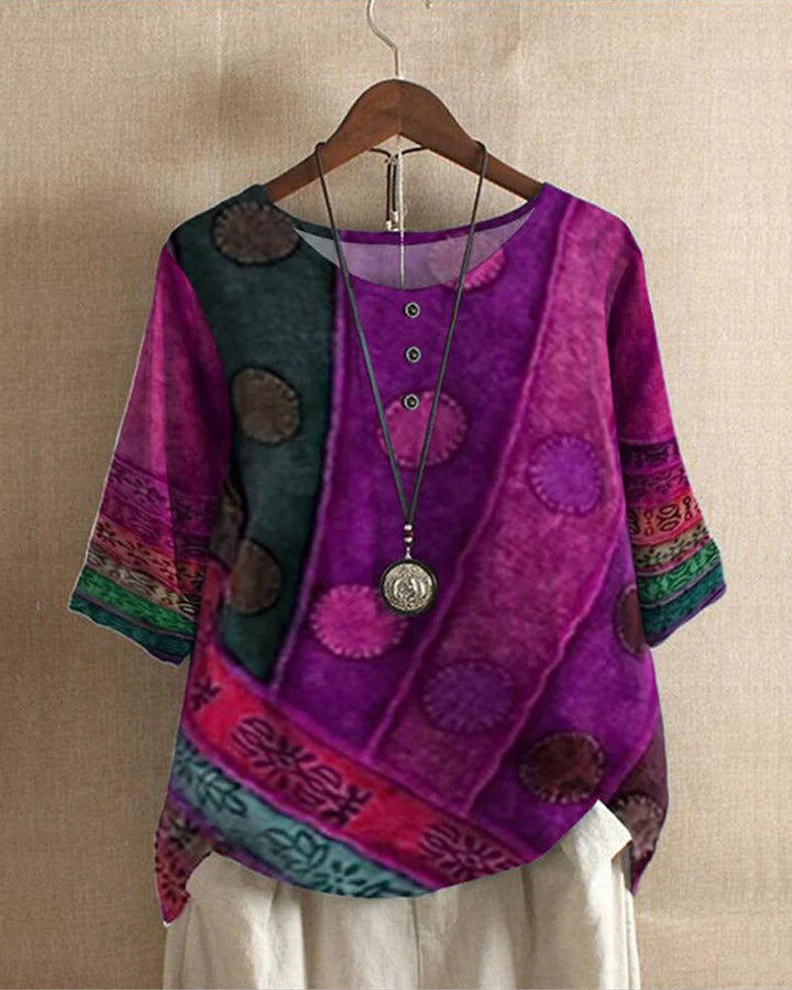 Losvallende Blouse - Korte Mouw - Bedrukt - Vintage Blouse - Damesblouses-Boetiek Moda