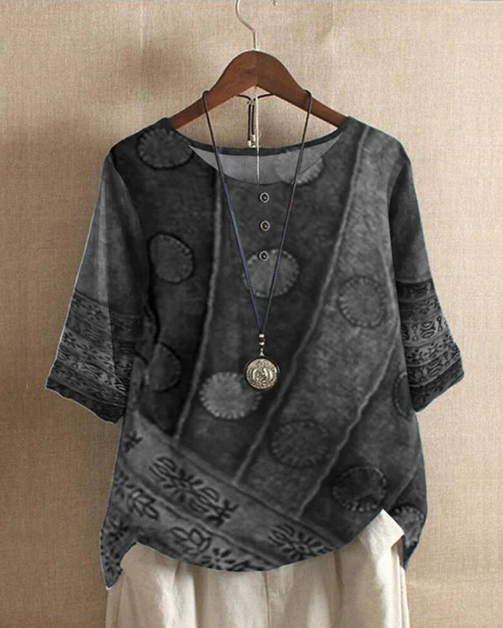 Losvallende Blouse - Korte Mouw - Bedrukt - Vintage Blouse - Damesblouses-Boetiek Moda