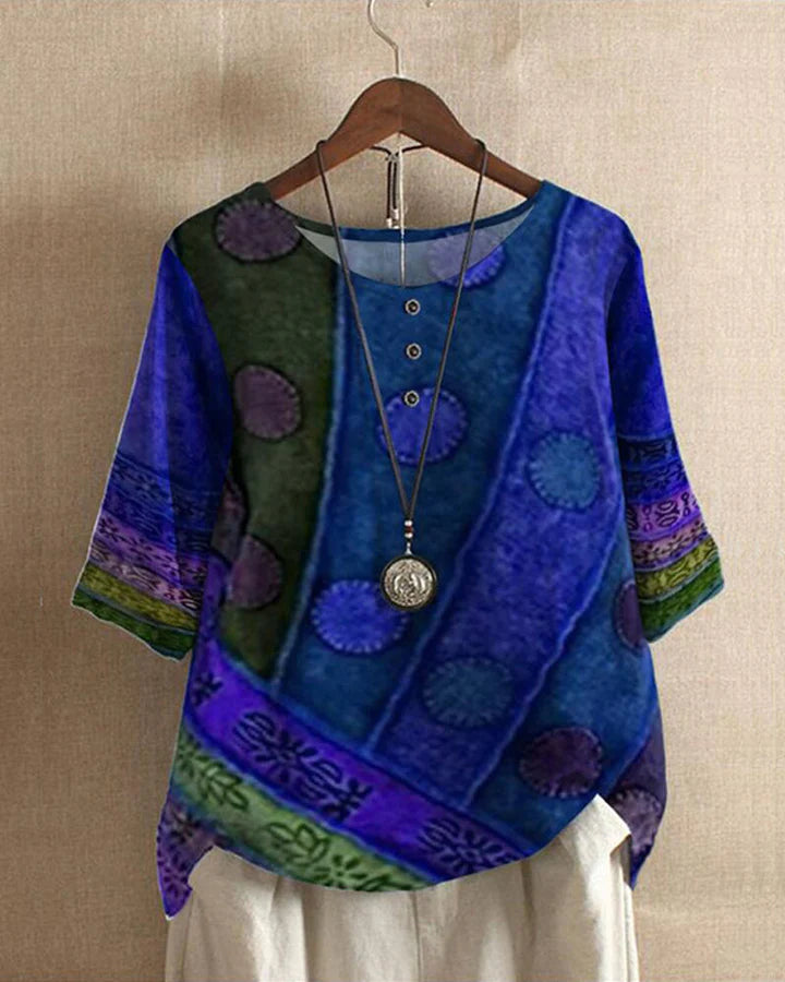 Losvallende Blouse - Korte Mouw - Bedrukt - Vintage Blouse - Damesblouses-Boetiek Moda