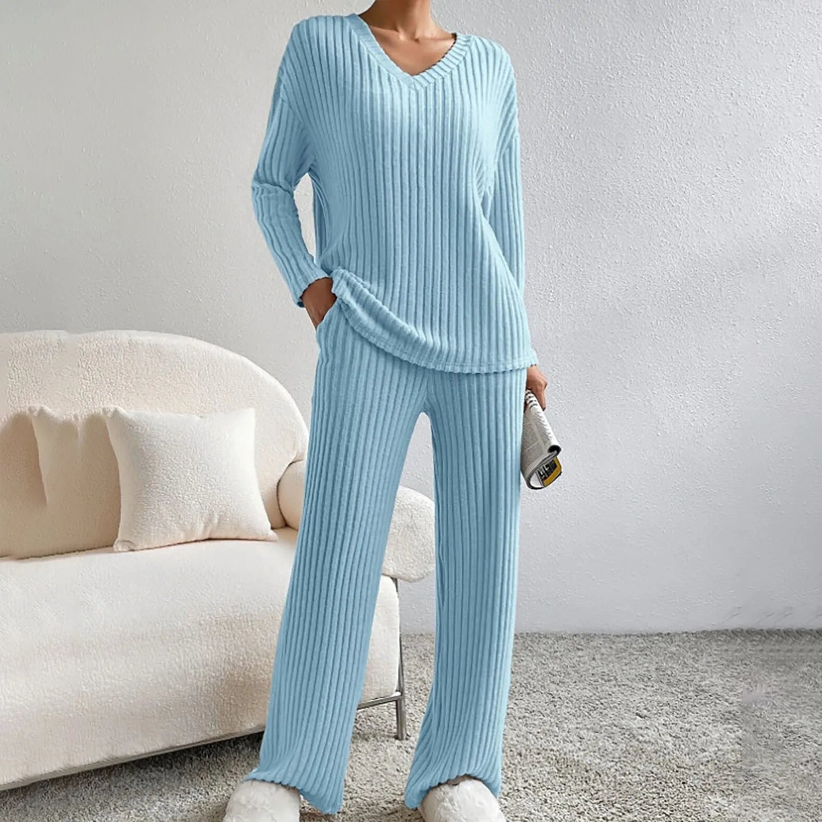 Lounge-set | Knus | Geribd | Gebreide Tweedelige Set | Dames Loungewear-Boetiek Moda