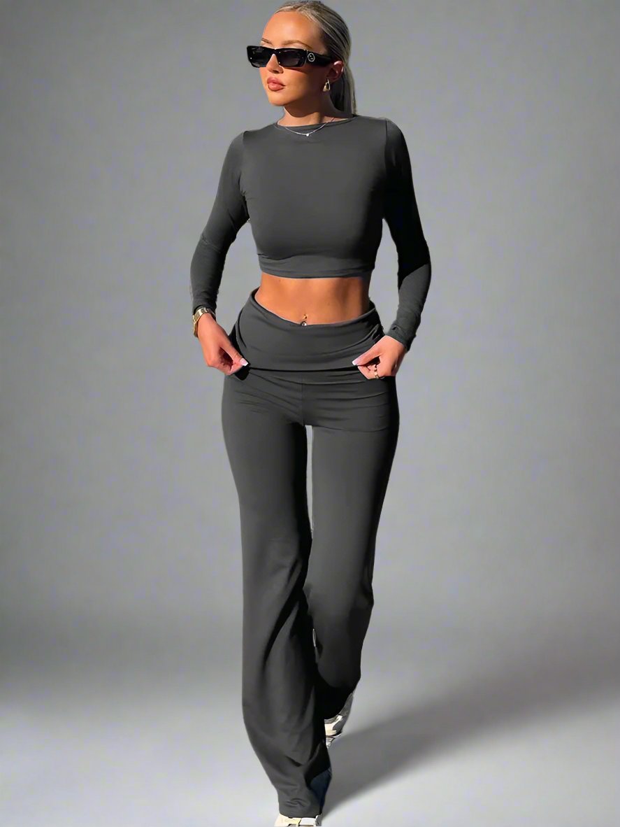 Loungeset - Dames met lange mouwen en uitlopende broek Katoenen tweedelige set-Boetiek Moda