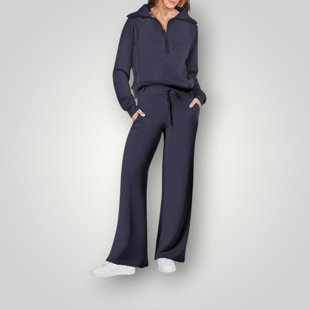 Loungewear-set - Dames trainingspak met wijde pijpen en halve rits-Boetiek Moda