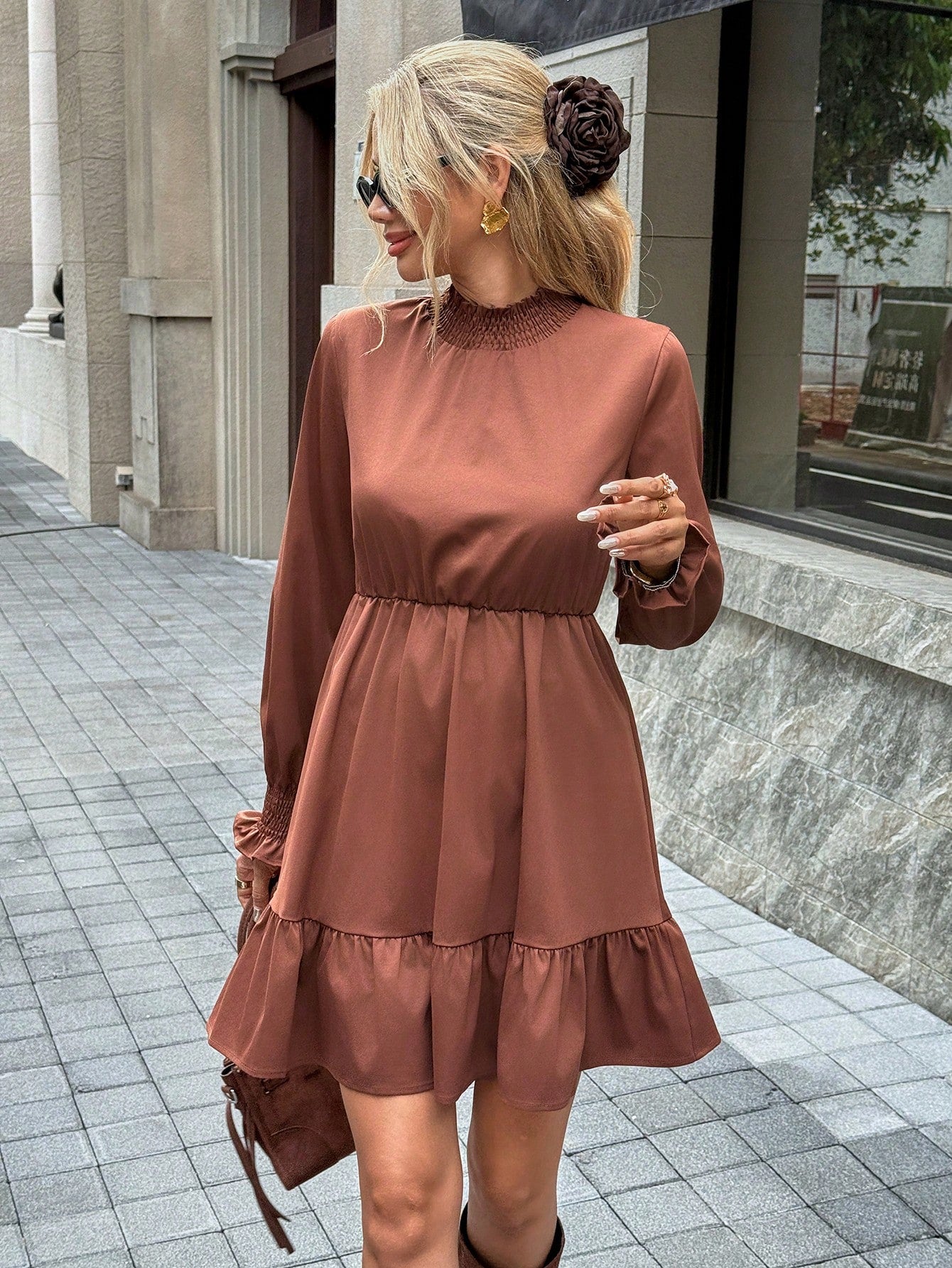 Luipaardprint jurk - Ruches - Hoge hals - Mini-jurk - Jurk met lange mouwen-Boetiek Moda