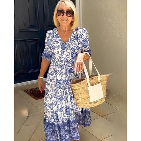 Maxi Jurk - Korte Mouw - A-Line - Boho Jurk - Maxi zomerjurk-Boetiek Moda