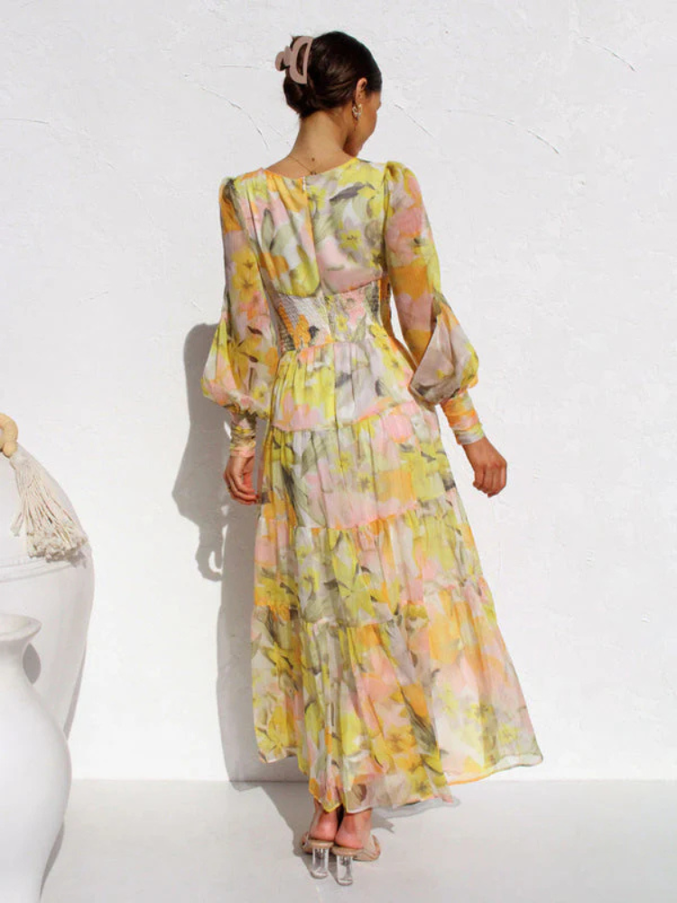 Maxi Jurk | Lange Mouwen | V-Hals | Flowy Jurk | Bloemen Jurk-Boetiek Moda
