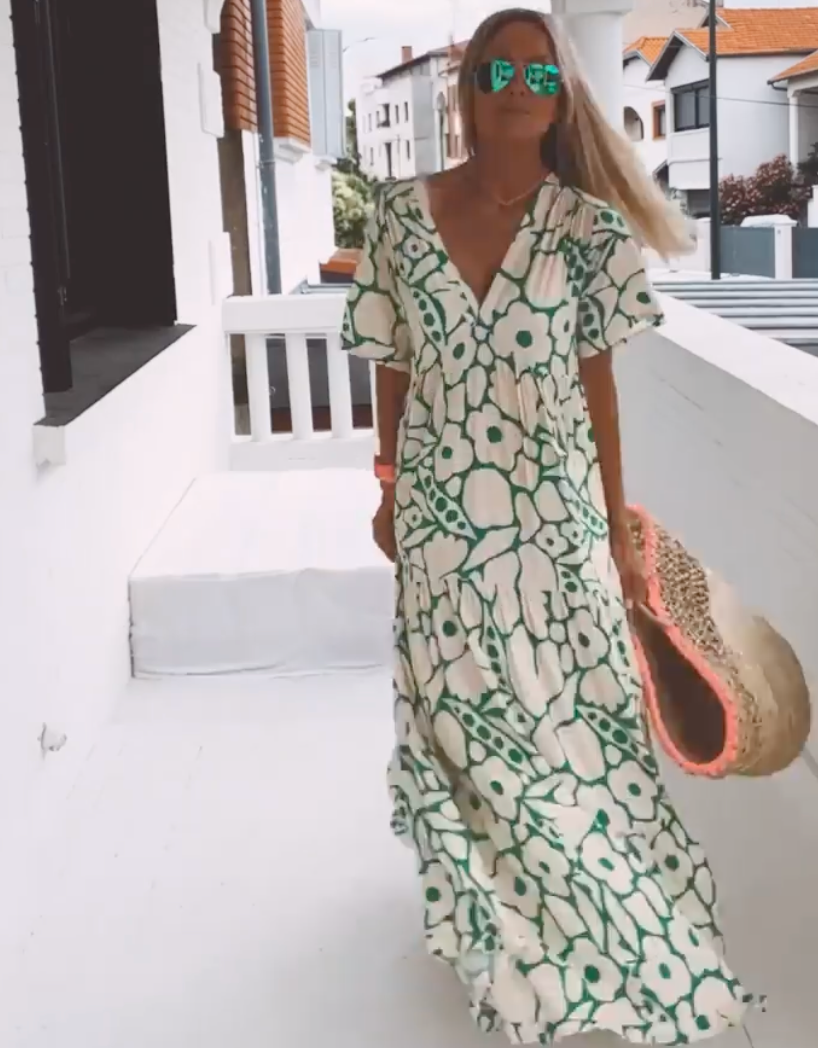 Maxi Sundress - Vrouwen V-hals Maxi zomerjurk met korte mouwen-Boetiek Moda