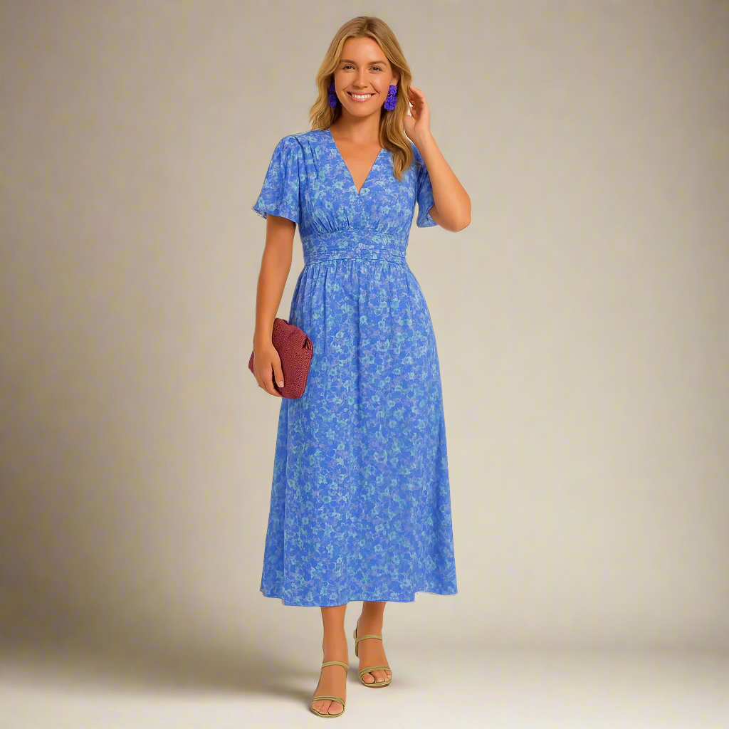 Maxi Zondagjurk - V-Hals - Vlindermouw - Bloemige Maxi Zondagjurk - Zomerjurk-Boetiek Moda