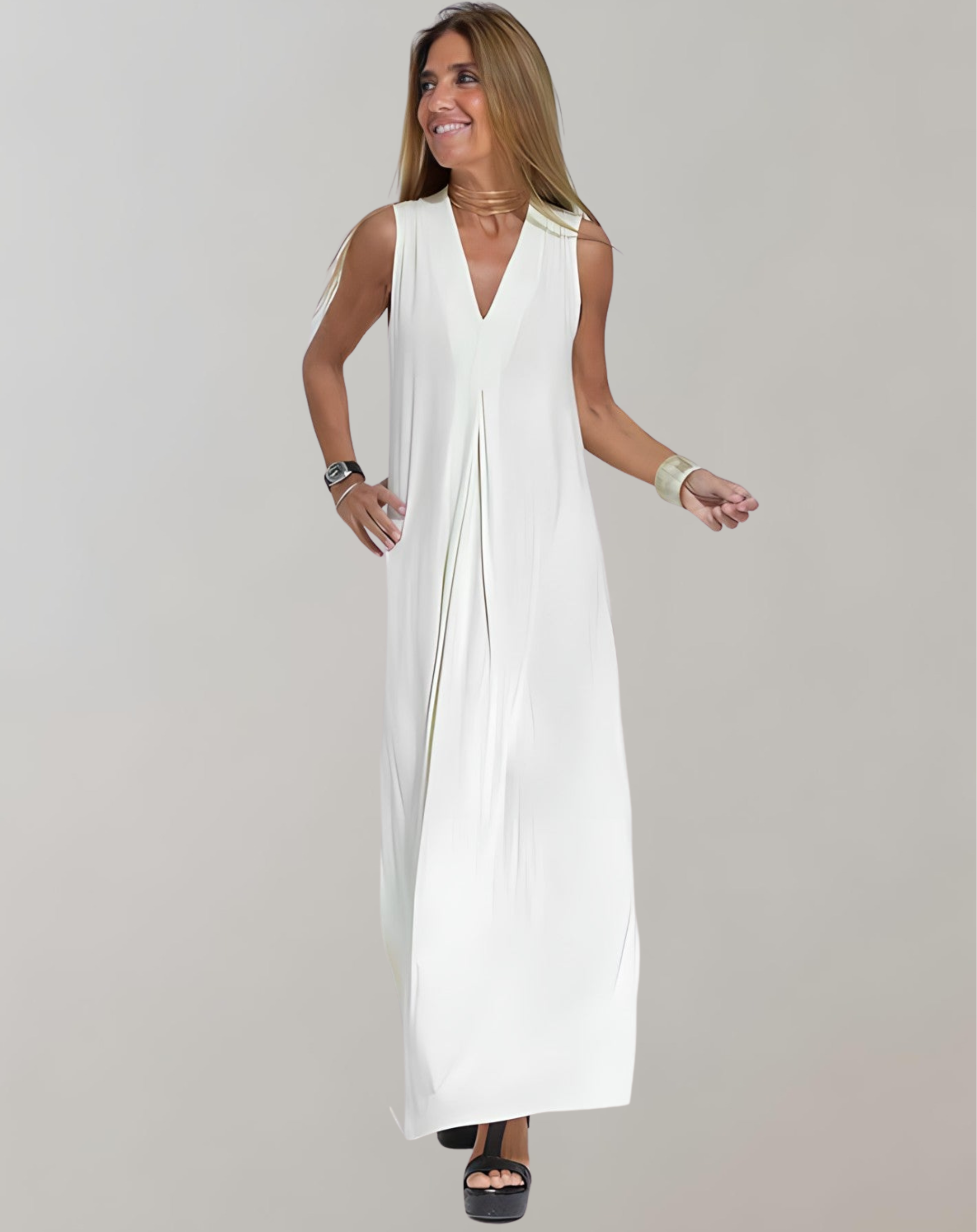 Maxi-jurk - Dames mouwloze losvallende zomerjurk met V-hals-Boetiek Moda