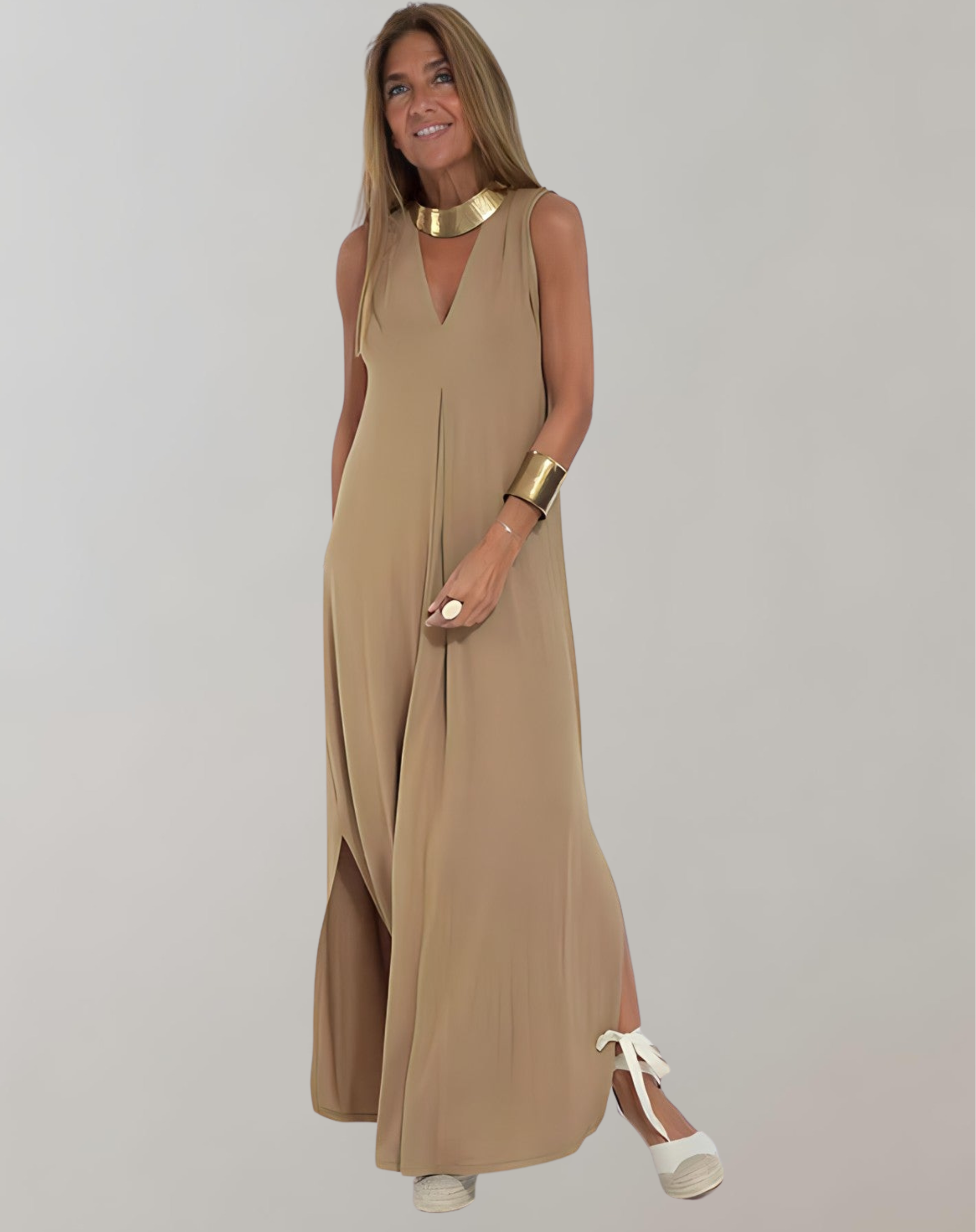 Maxi-jurk - Dames mouwloze losvallende zomerjurk met V-hals-Boetiek Moda