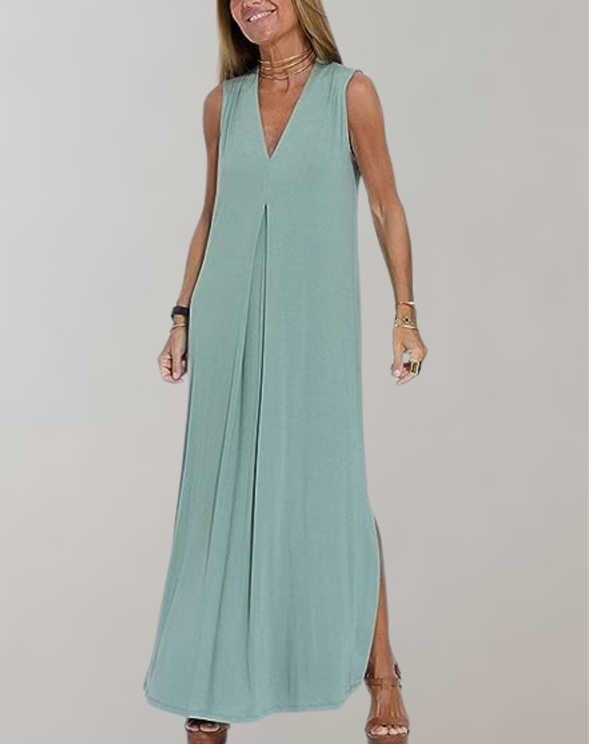 Maxi-jurk - Dames mouwloze losvallende zomerjurk met V-hals-Boetiek Moda