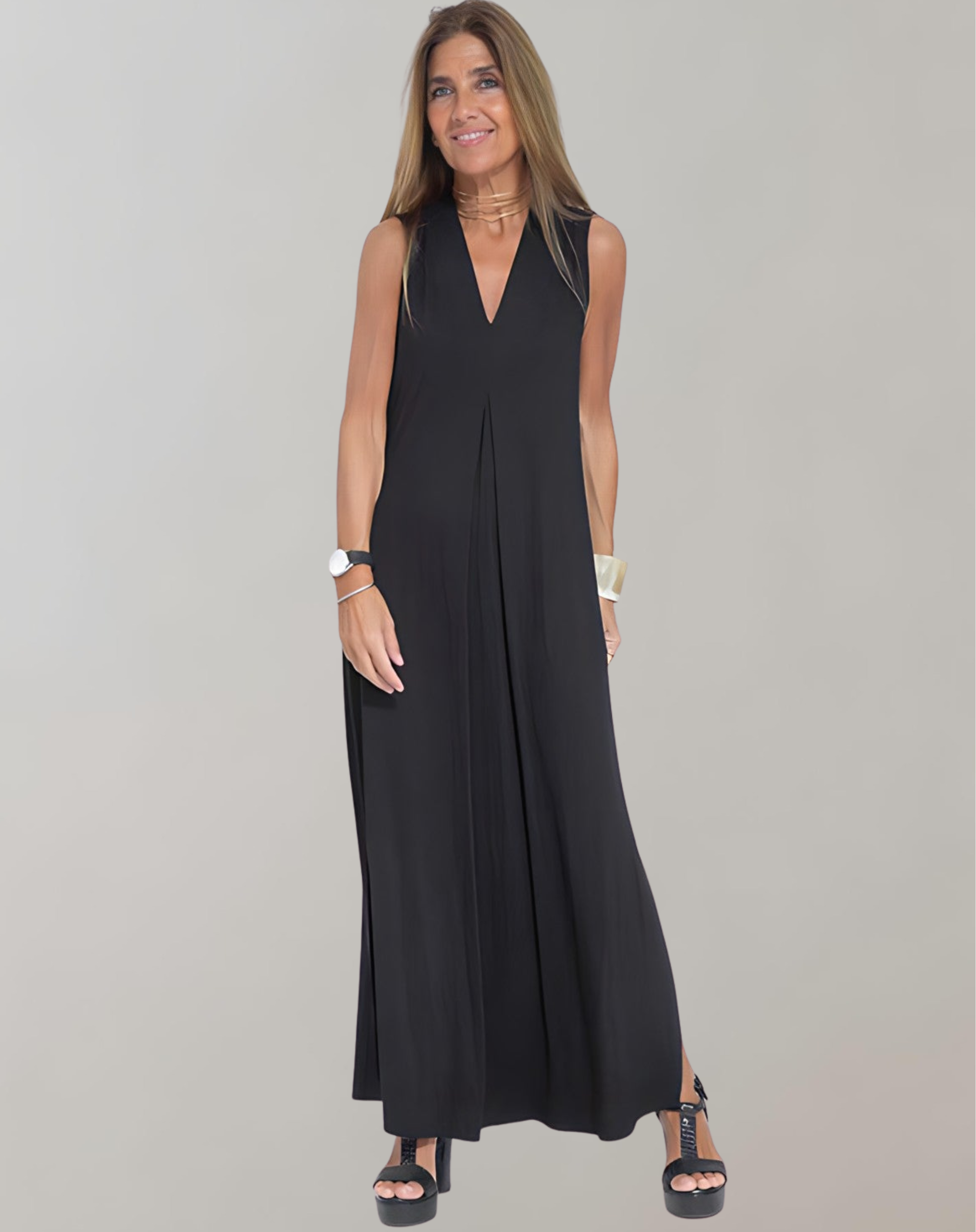Maxi-jurk - Dames mouwloze losvallende zomerjurk met V-hals-Boetiek Moda