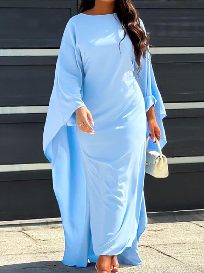 Maxi-jurk - Damesjurk met lange mouwen, boothals en vleermuismouwen-Boetiek Moda