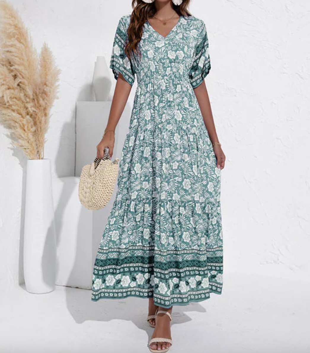 Maxi-zomerjurk - Boho-zomerjurk met korte mouwen en bloemenprint voor dames-Boetiek Moda