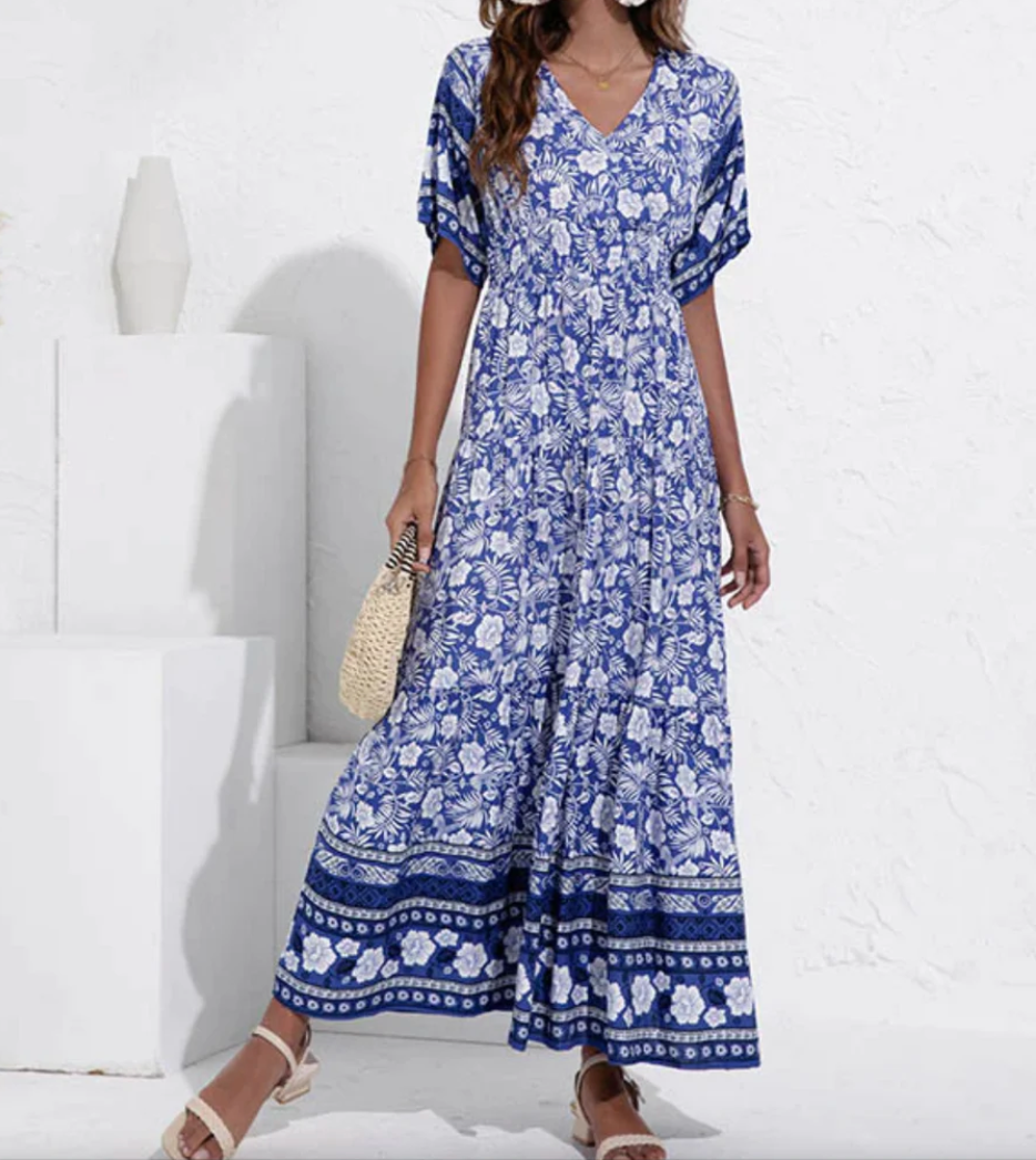 Maxi-zomerjurk - Boho-zomerjurk met korte mouwen en bloemenprint voor dames-Boetiek Moda
