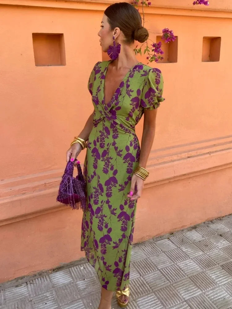 Midi-jurk - Damesjurk met V-hals, strikceintuur en bloemenprint voor de zomer-Boetiek Moda