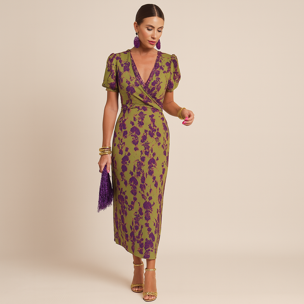 Midi-jurk - Damesjurk met V-hals, strikceintuur en bloemenprint voor de zomer-Boetiek Moda