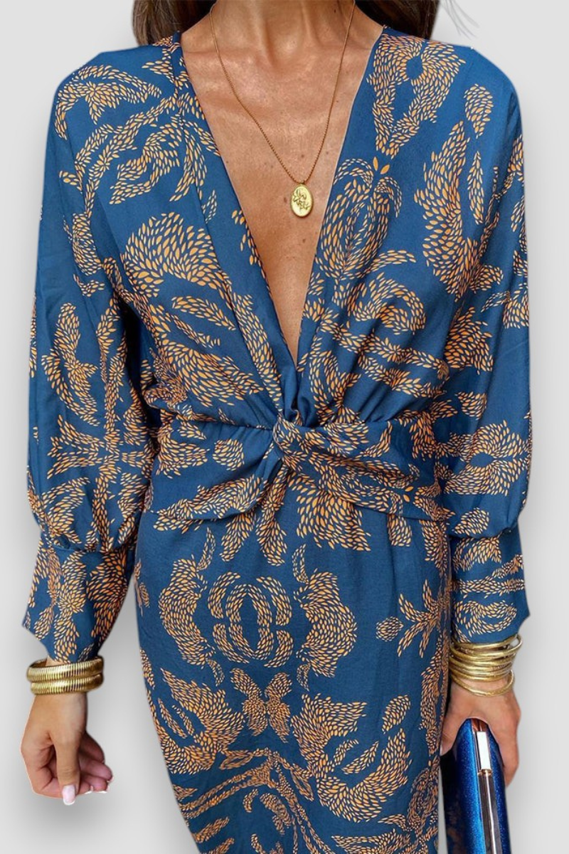 Midi-jurk | Diepe V-hals | Patroon | Jurk met lange mouwen | Zomerjurk-Boetiek Moda