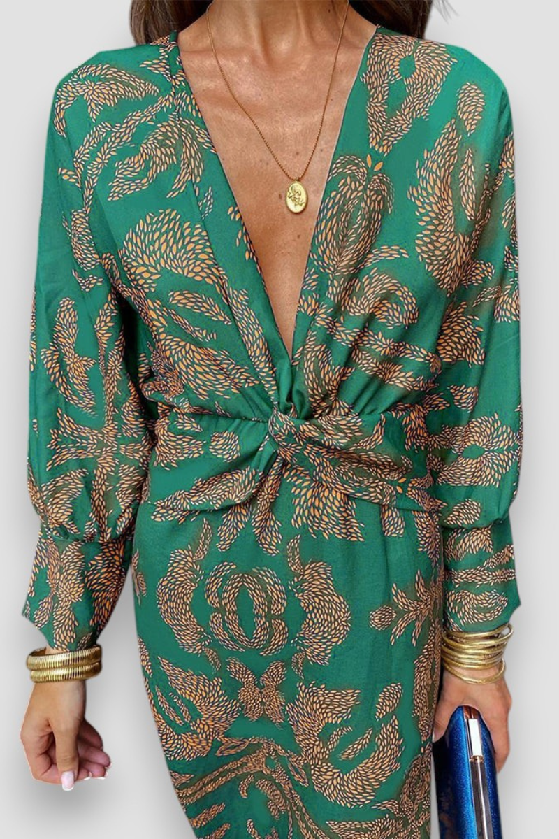 Midi-jurk | Diepe V-hals | Patroon | Jurk met lange mouwen | Zomerjurk-Boetiek Moda