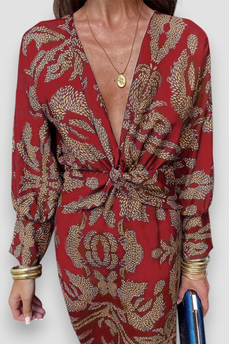 Midi-jurk | Diepe V-hals | Patroon | Jurk met lange mouwen | Zomerjurk-Boetiek Moda