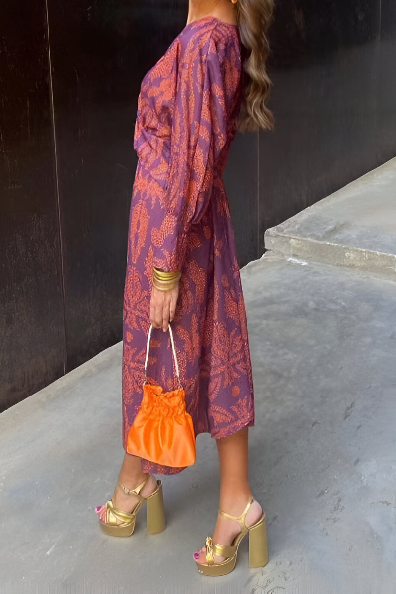 Midi-jurk | Diepe V-hals | Patroon | Jurk met lange mouwen | Zomerjurk-Boetiek Moda