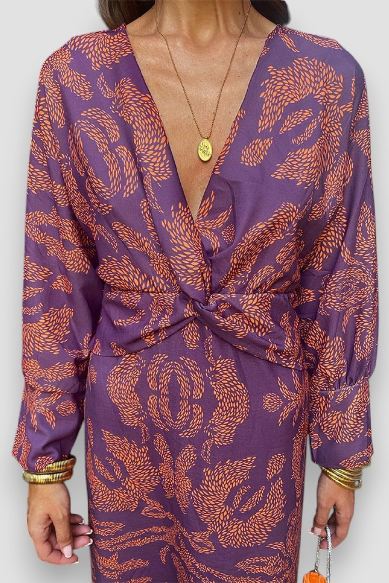 Midi-jurk | Diepe V-hals | Patroon | Jurk met lange mouwen | Zomerjurk-Boetiek Moda