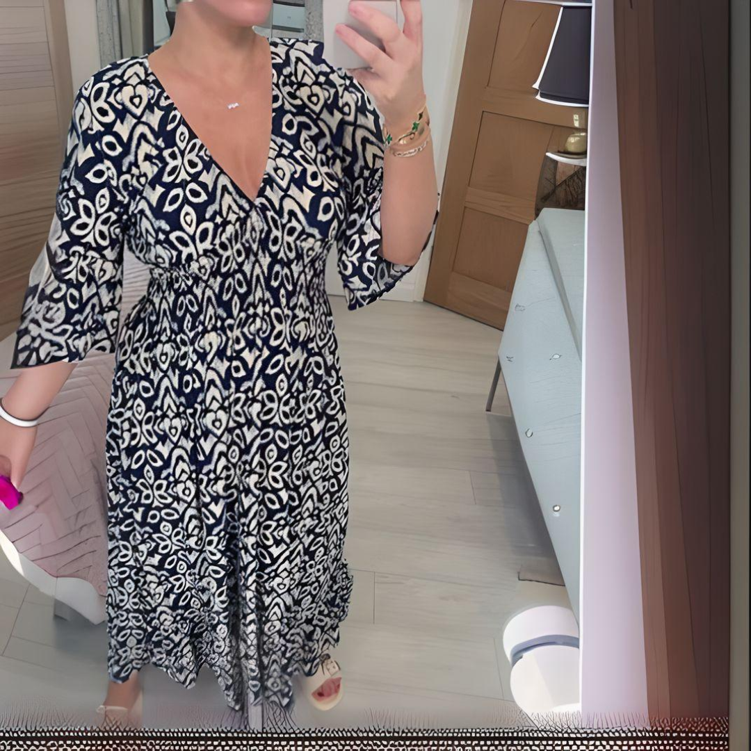 Midi-jurk - Gerimpelde Taille - V-hals - Boho jurk - Casual Jurk-Boetiek Moda