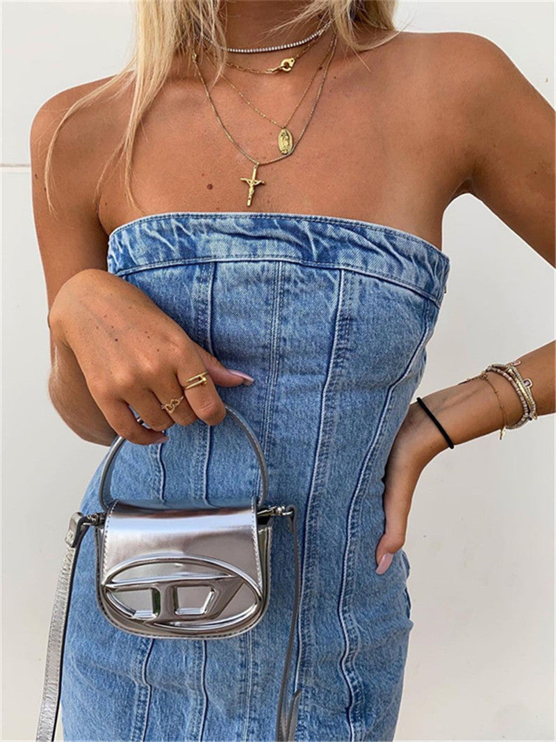 Mini Denim Jurk - Damespijp Bodycon Denim Strapless Jurk-Boetiek Moda
