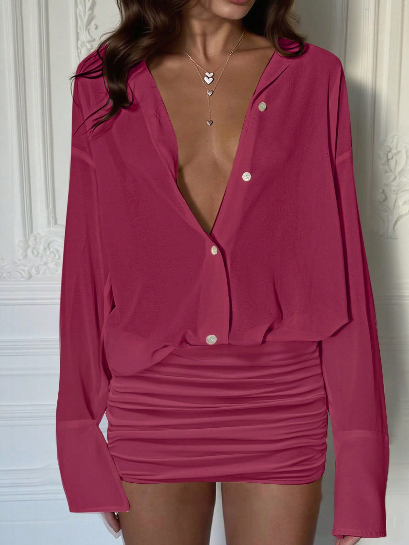 Mini-jurk | Knoopsluiting | V-hals | Jurk met lange mouwen | Overhemdjurk-Boetiek Moda