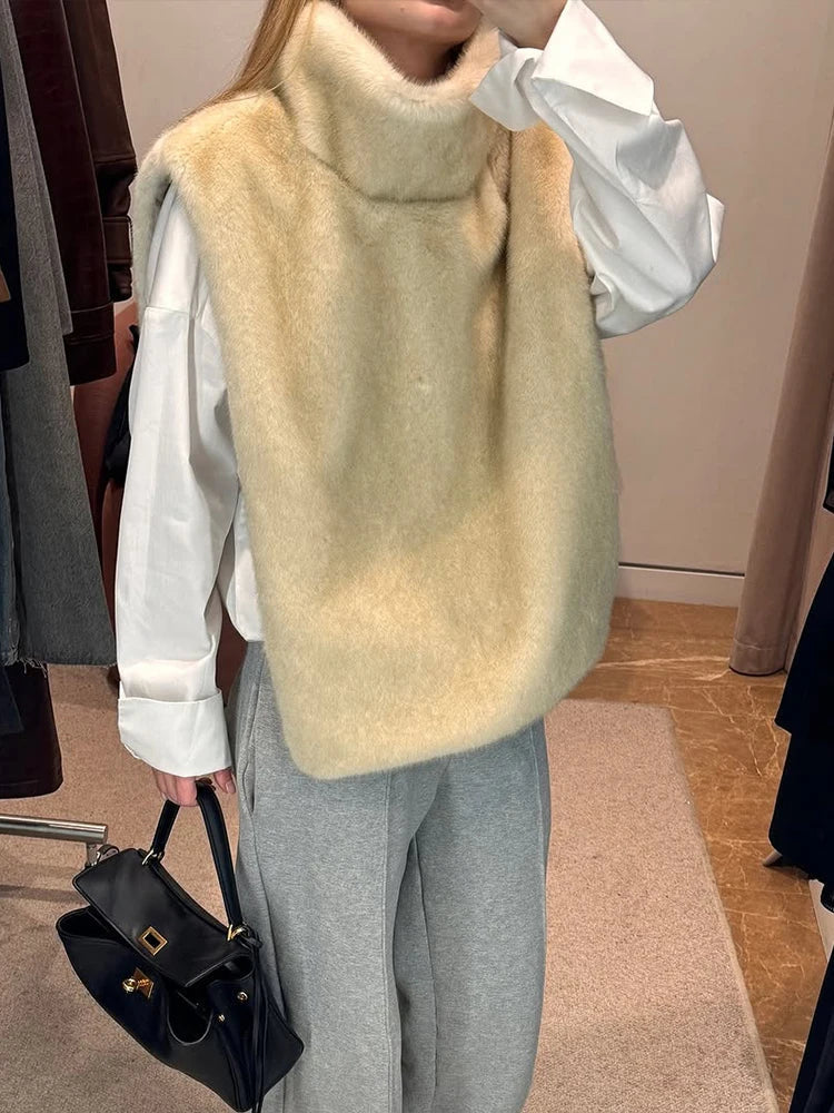 Nepbont gilet - Dames mouwloos coltrui nepbont vest-Boetiek Moda