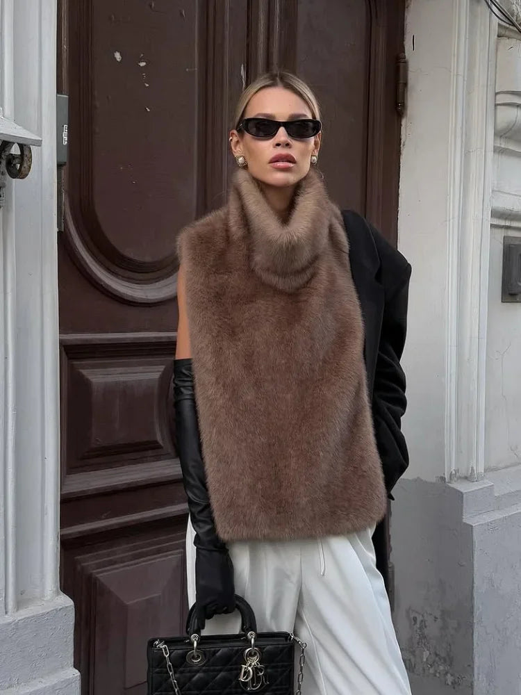 Nepbont gilet - Dames mouwloos coltrui nepbont vest-Boetiek Moda