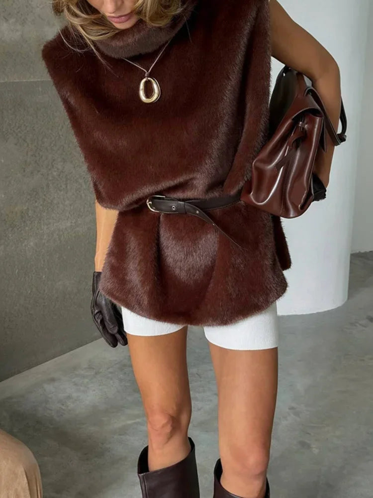 Nepbont gilet - Dames mouwloos coltrui nepbont vest-Boetiek Moda